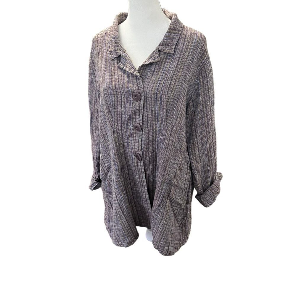 Flax Linen Colorful Button Up Textured Tunic Jack… - image 2